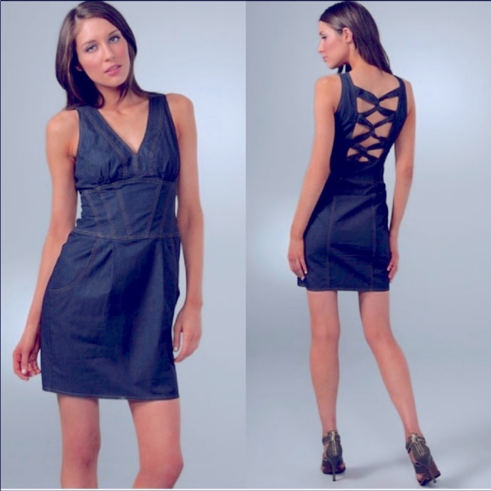 Nanette Lepore size 6, denim M. Blue Plunging dress - Crisscross back. Like new